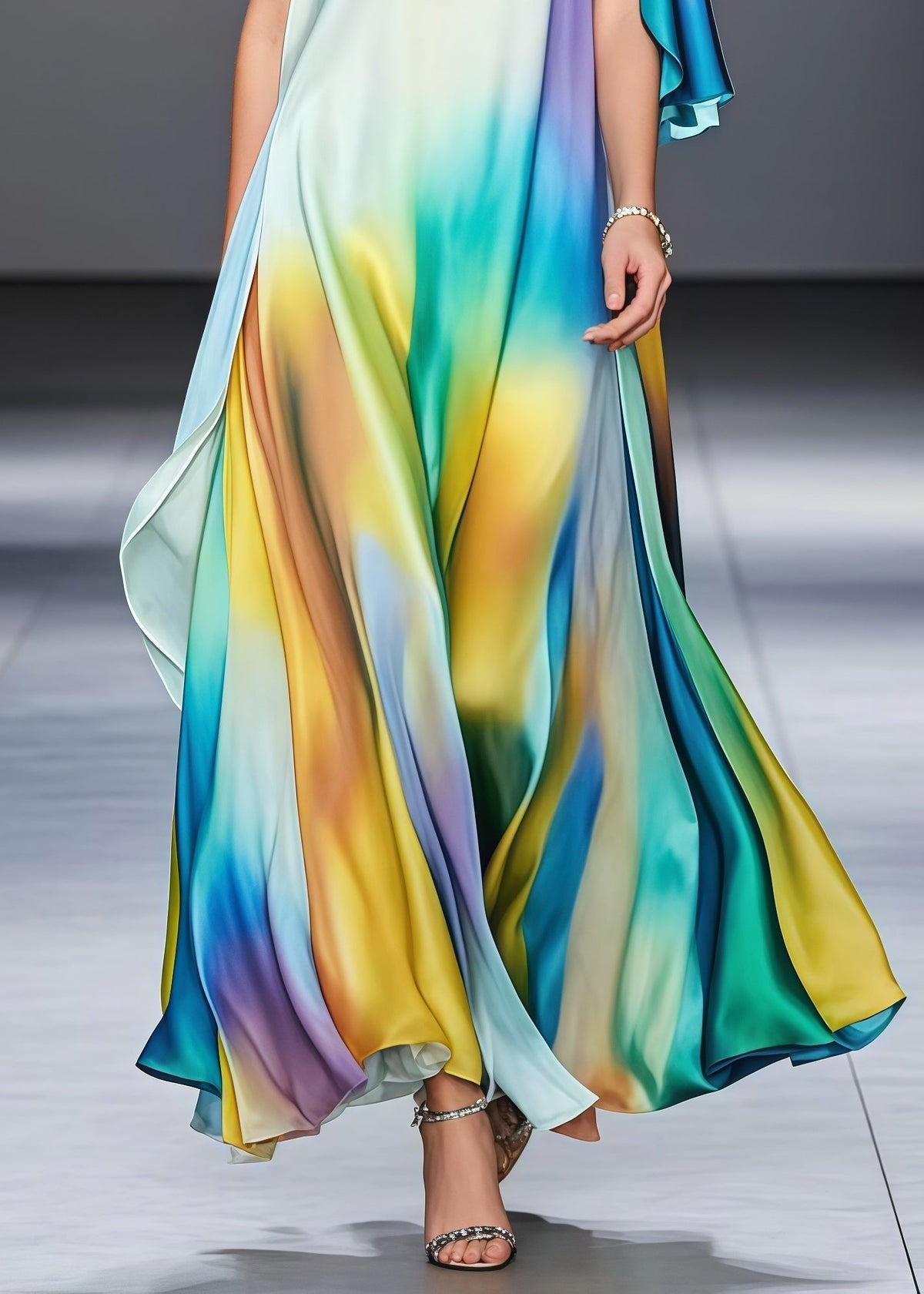 Tie Dye Round Neck Flutter Sleeve High Split Silk Maxi Dress - View 4