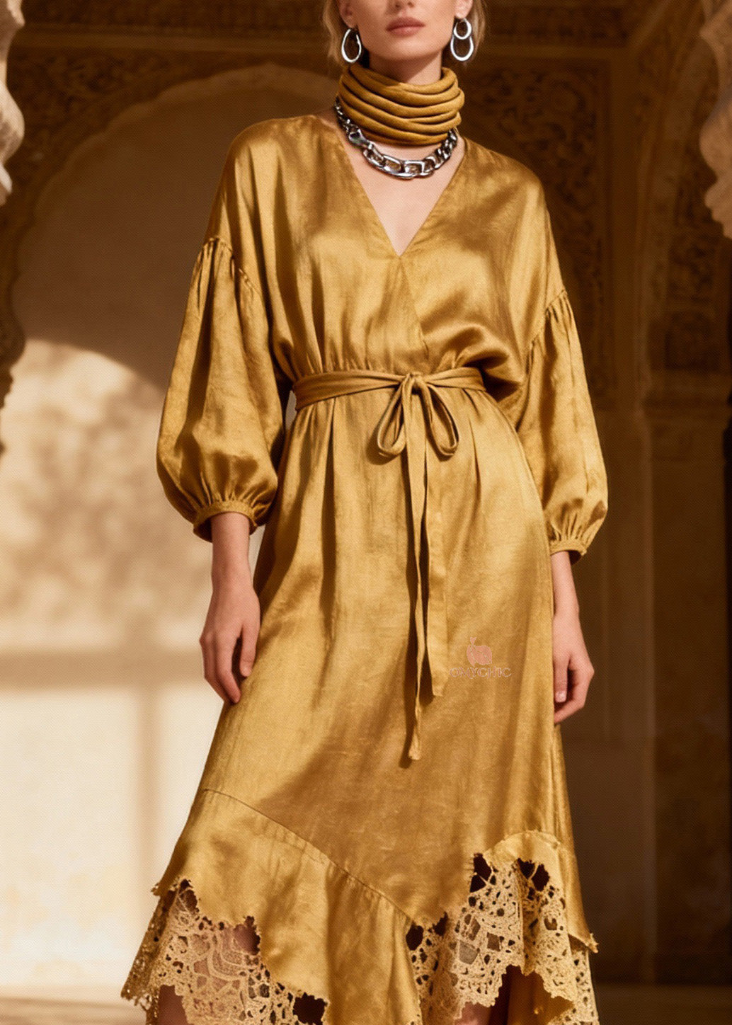 Satin Wrap V-Neck Balloon Sleeve Crochet Lace Midi Dress - View 2
