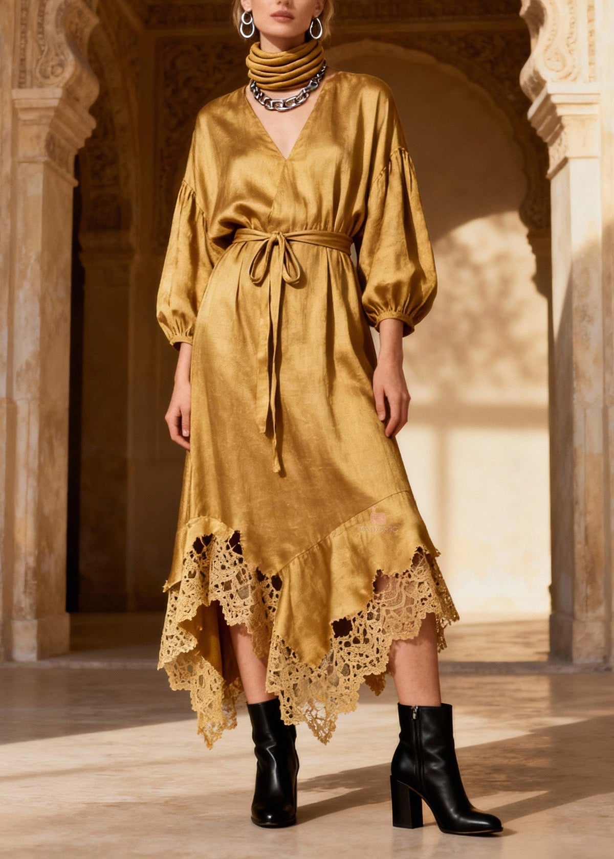 Satin Wrap V-Neck Balloon Sleeve Crochet Lace Midi Dress - View 3