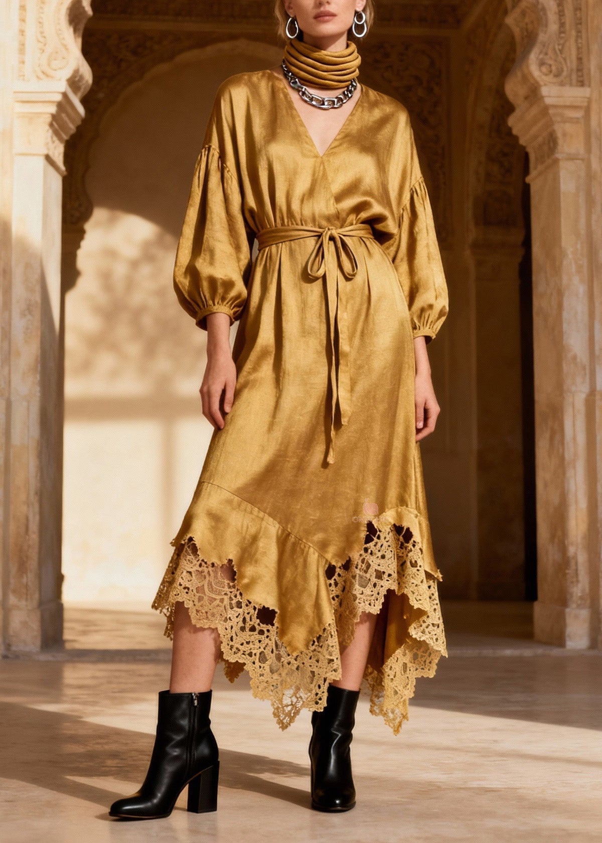 Satin Wrap V-Neck Balloon Sleeve Crochet Lace Midi Dress - View 5