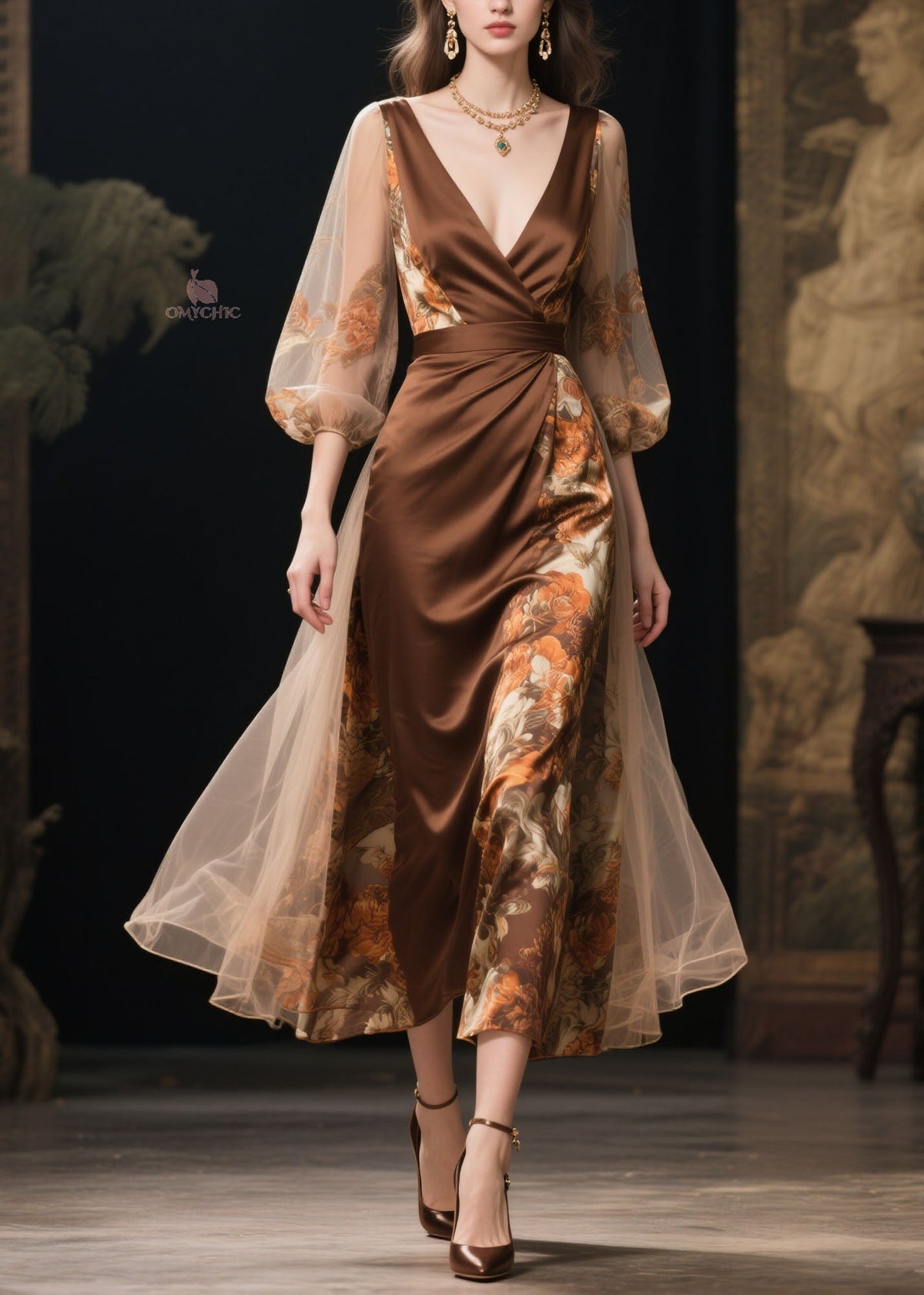 Floral Print Wrap Deep V-Neck Mesh Balloon Sleeve Maxi Gown