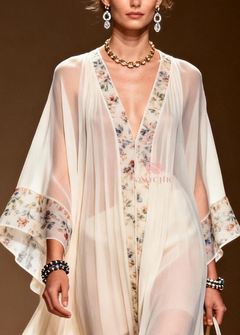 Sheer Chiffon Floral Border Deep V-Neck Sleeve Gathered Maxi Gown - View 2