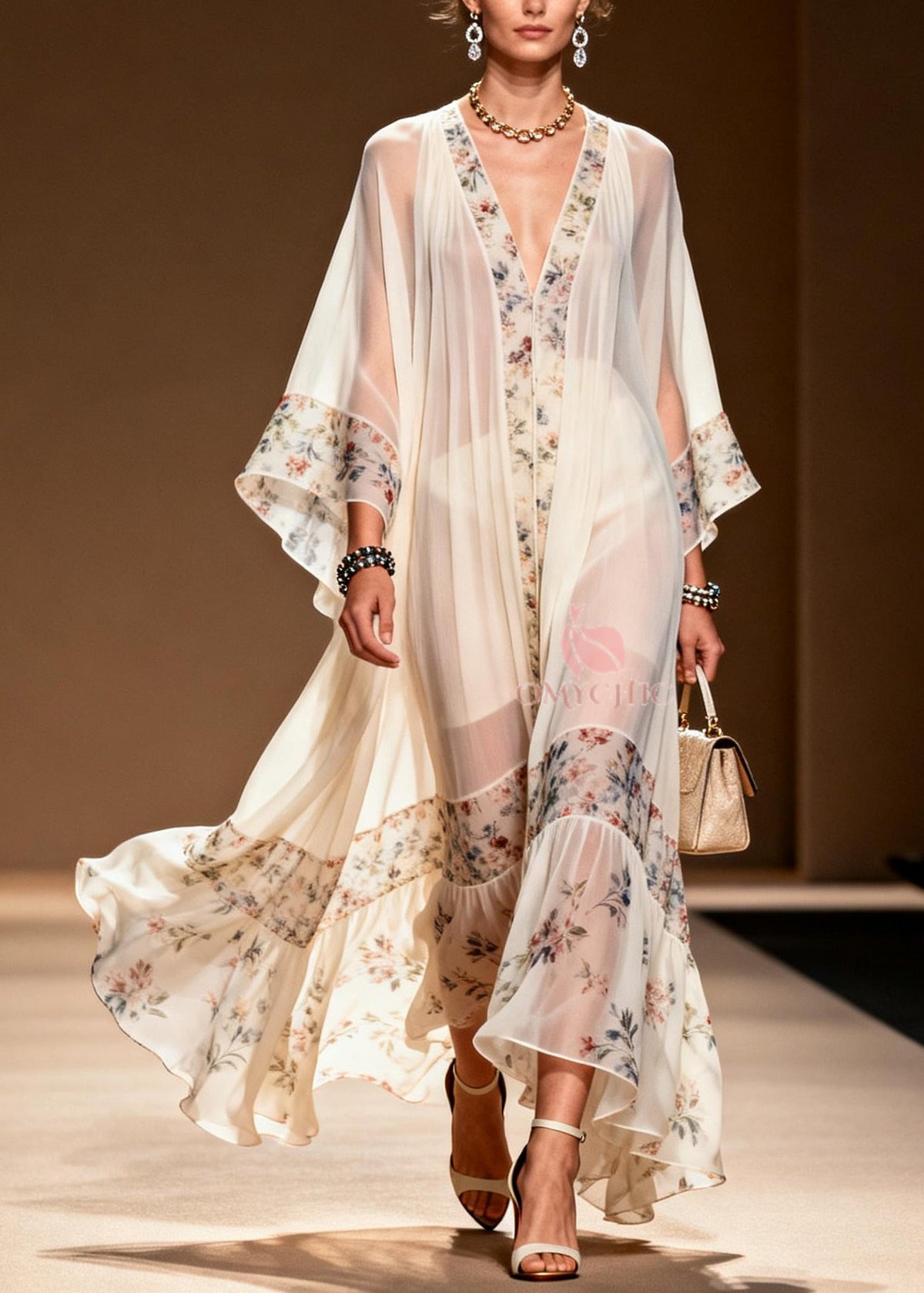 Sheer Chiffon Floral Border Deep V-Neck Sleeve Gathered Maxi Gown - View 5