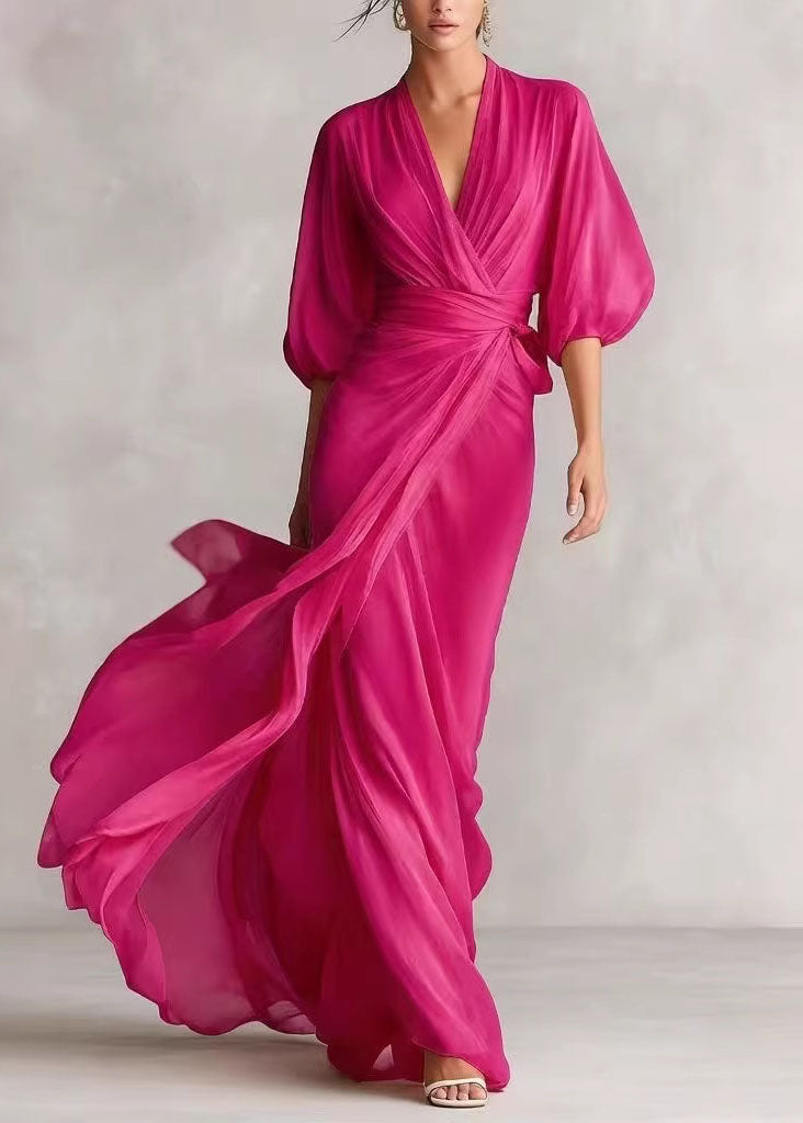 Fine White V Neck Chiffon Maxi Dresses Lantern Sleeve - View 3