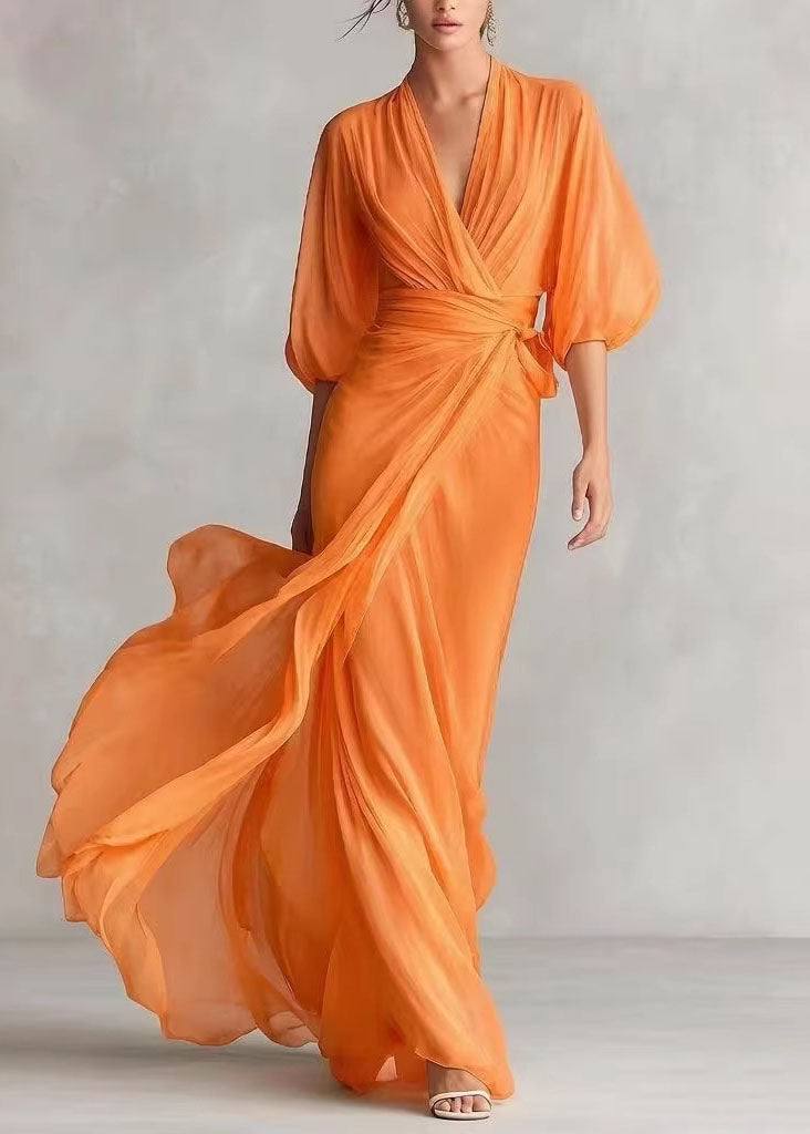 Fine White V Neck Chiffon Maxi Dresses Lantern Sleeve - View 4