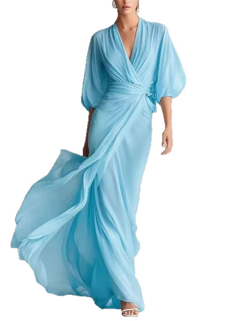 Fine White V Neck Chiffon Maxi Dresses Lantern Sleeve - View 5