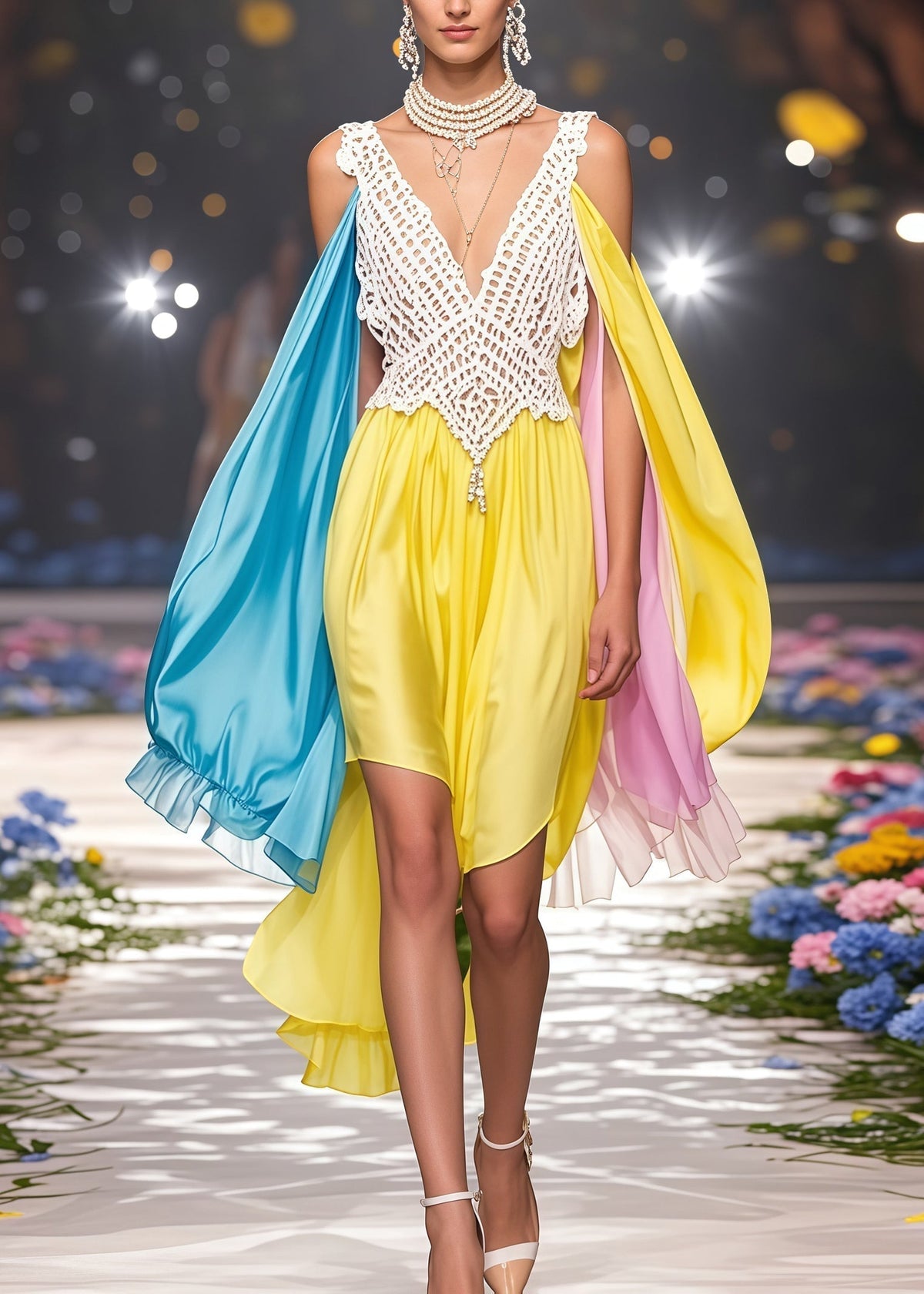 Deep V-Neck Lace Bodice Chiffon Cape Sleeve High Low Midi Dress - View 3