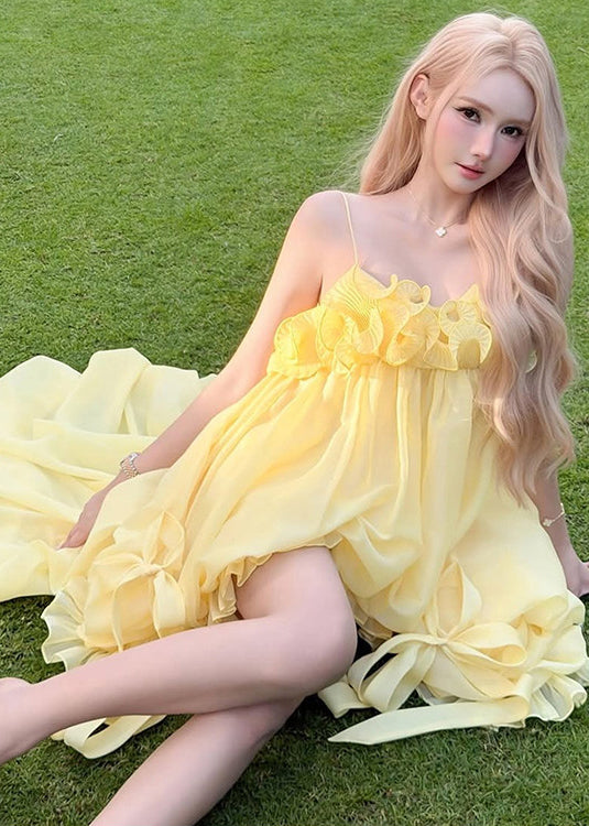 Fine Yellow Ruffled Low High Exra Large Hem Tulle Strapless Dress - View 2