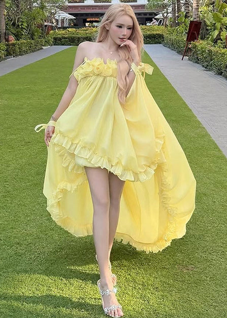 Fine Yellow Ruffled Low High Exra Large Hem Tulle Strapless Dress - View 5