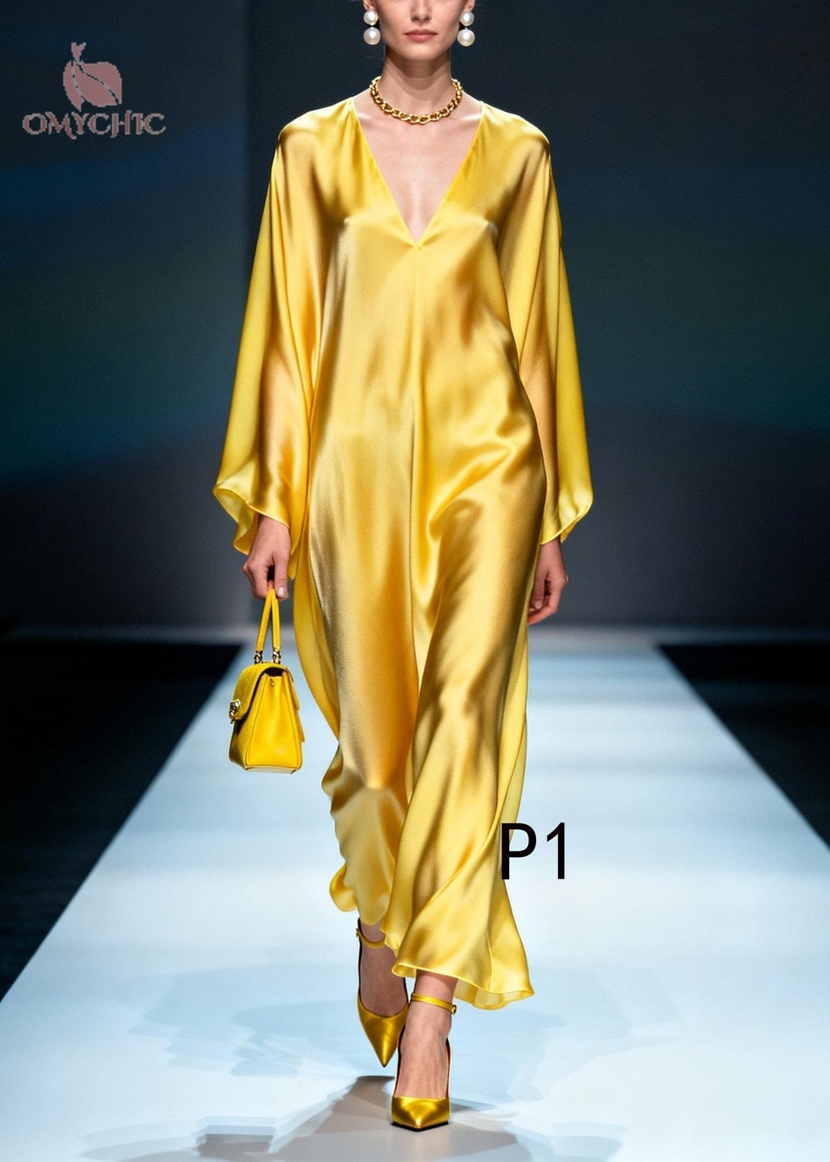 Satin Deep V-Neck Batwing Sleeve Draped Kaftan Maxi Dress
