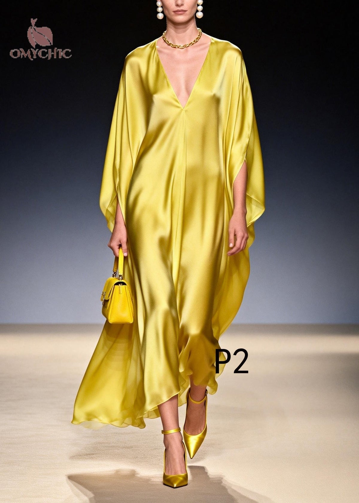 Satin Deep V-Neck Batwing Sleeve Draped Kaftan Maxi Dress - View 2