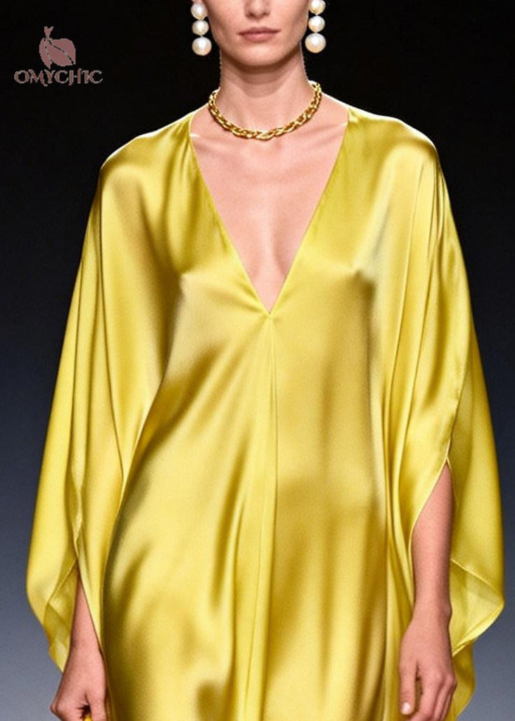 Satin Deep V-Neck Batwing Sleeve Draped Kaftan Maxi Dress - View 3