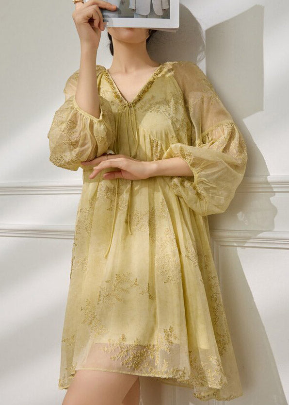 Floral Embroidered Lace Trim Tie Neck Puff Sleeve Chiffon Mini Dress - View 3