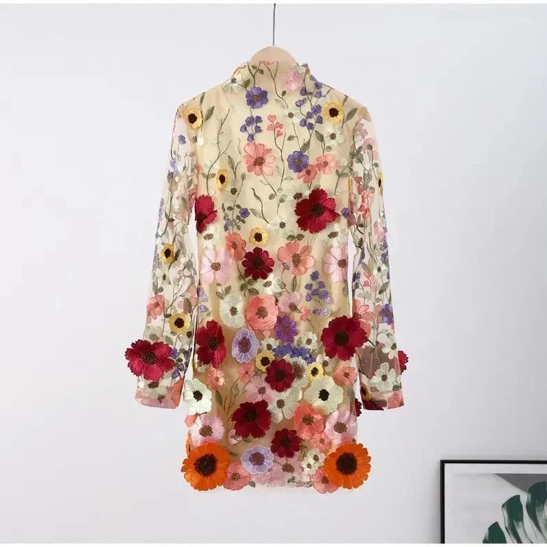 Mock Neck Long Sleeve Floral Embroidered Bodycon Mini Dress - View 4
