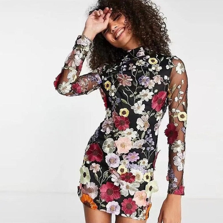 Mock Neck Long Sleeve Floral Embroidered Bodycon Mini Dress
