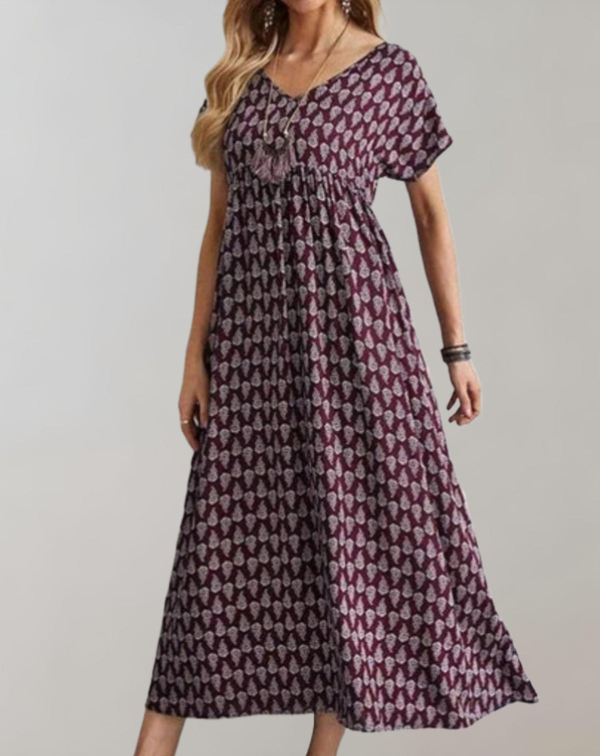 Paisley Print V-Neck Short Sleeve Empire Waist Flowy Maxi Summer Dress