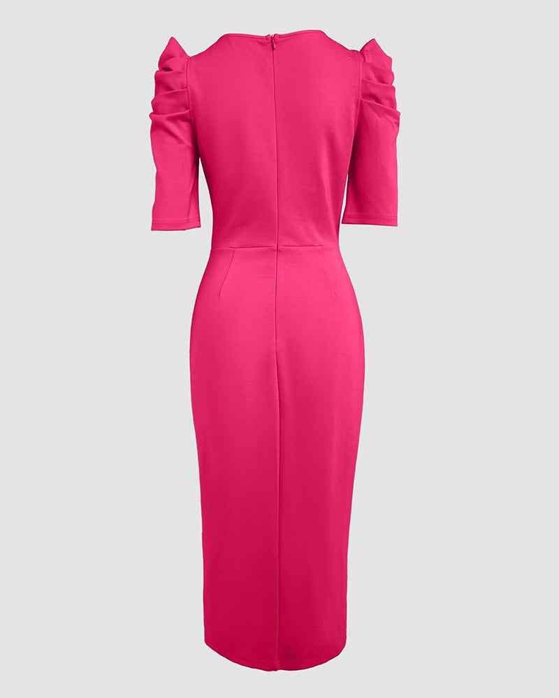 3D Floral Puff Sleeve Ruched High Split Bodycon Midi Dress - View 6