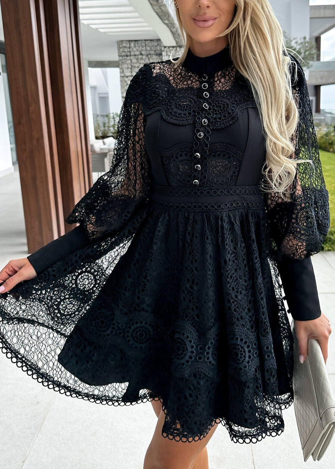 Lace Mock Neck Button Front Lantern Sleeve Panel Waist Mini Dress