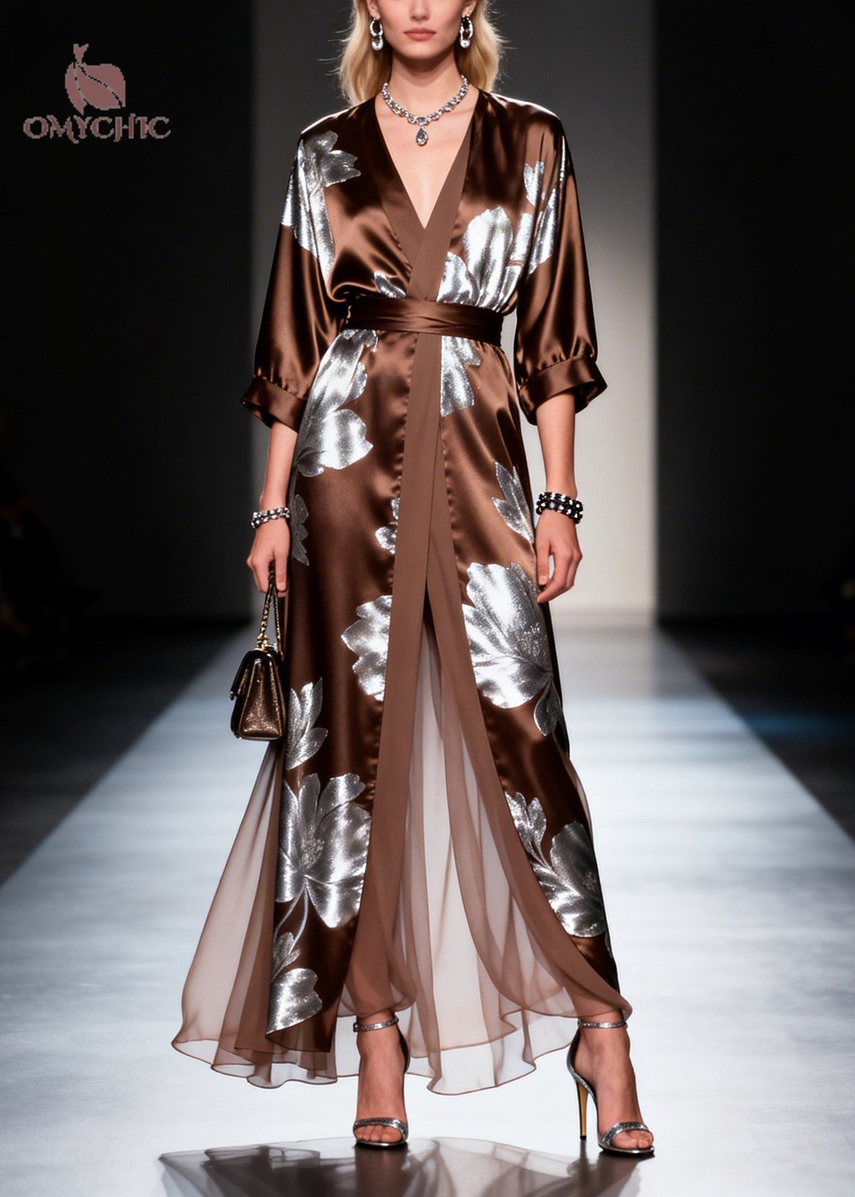 Metallic Floral Deep V-Neck Wrap Tie Waist Maxi Gown - View 3