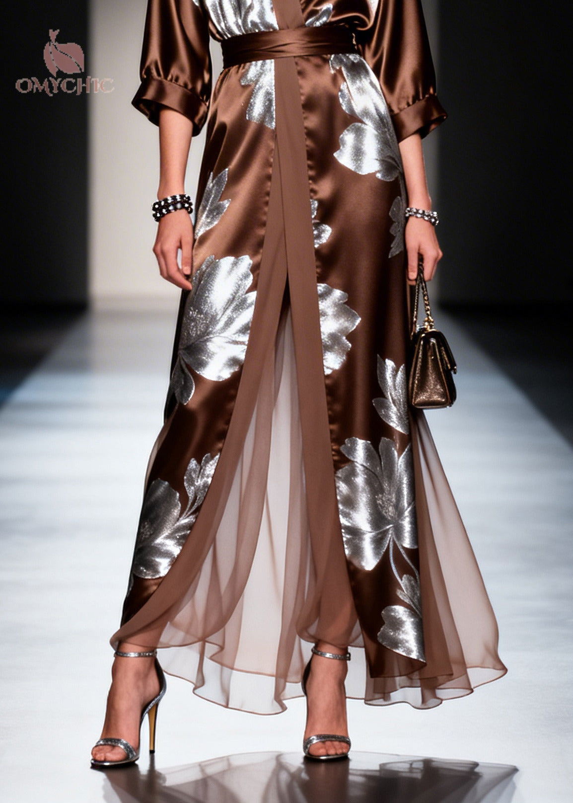 Metallic Floral Deep V-Neck Wrap Tie Waist Maxi Gown - View 4