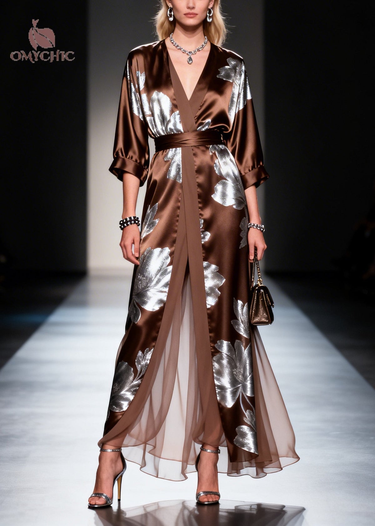 Metallic Floral Deep V-Neck Wrap Tie Waist Maxi Gown - View 5