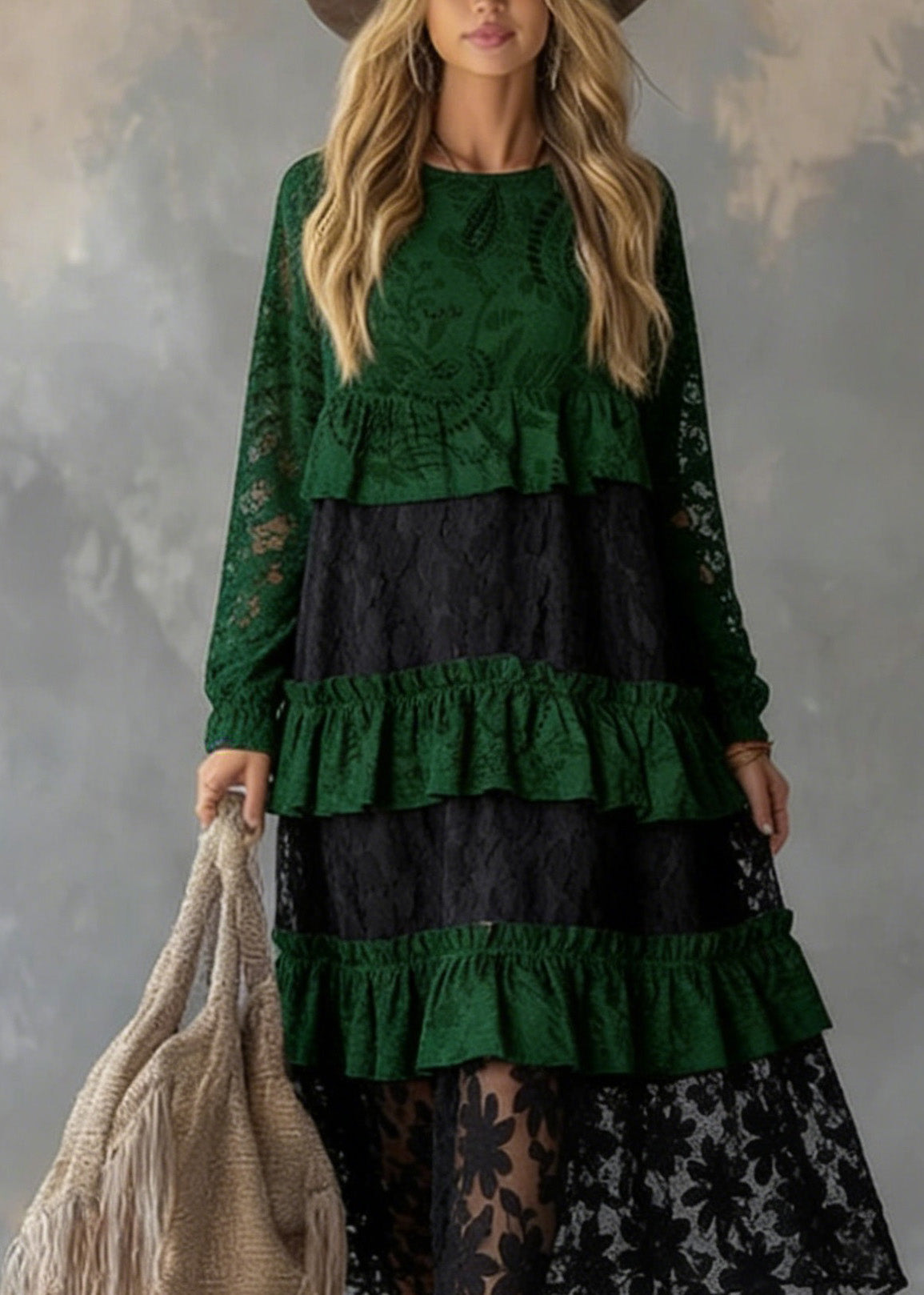 Fitted Green O Neck Ruffled Lace atchwork Cotton Dress Spring - View 2