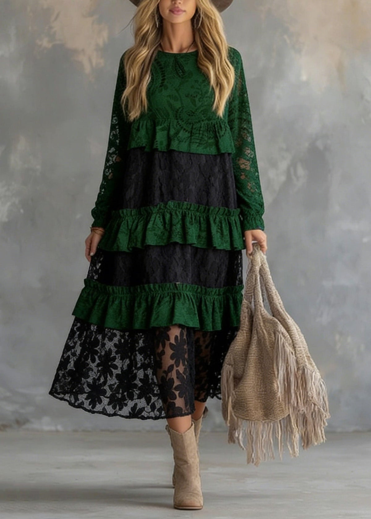 Fitted Green O Neck Ruffled Lace atchwork Cotton Dress Spring - View 3
