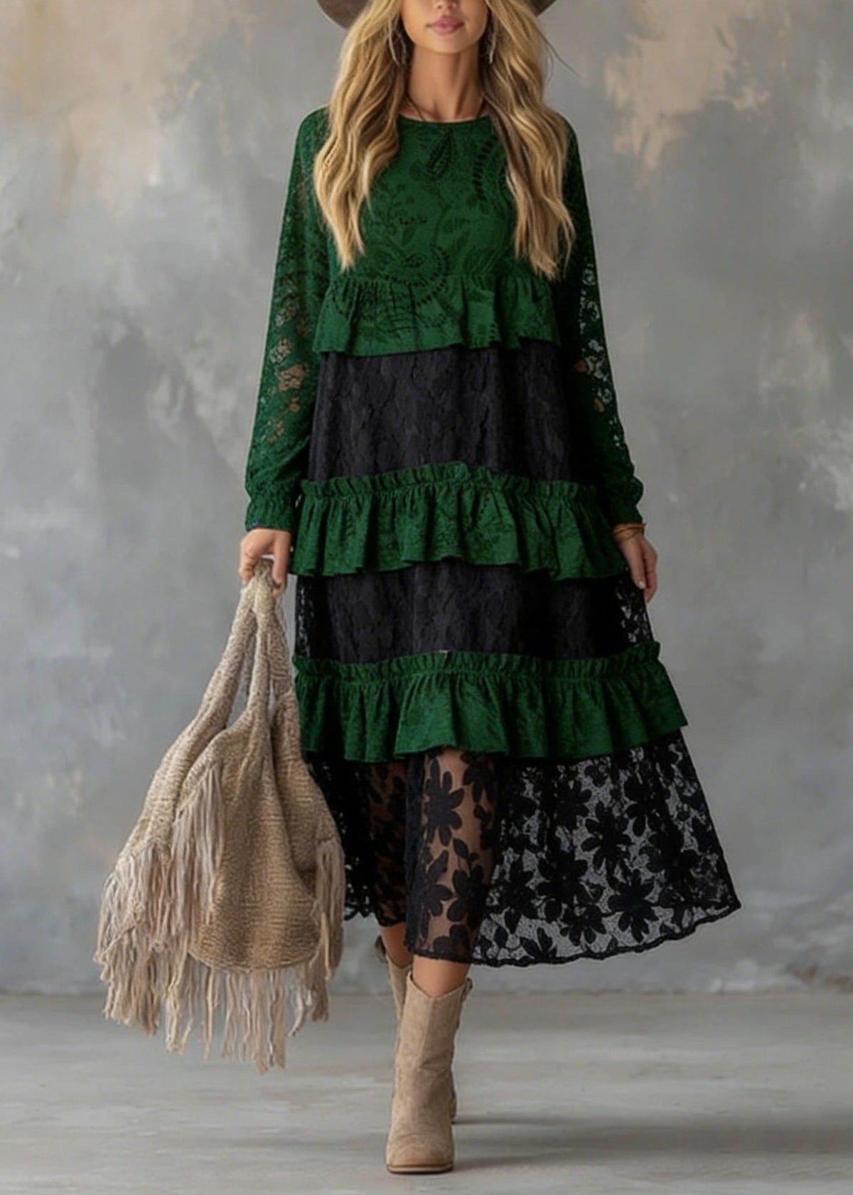 Fitted Green O Neck Ruffled Lace atchwork Cotton Dress Spring - View 5