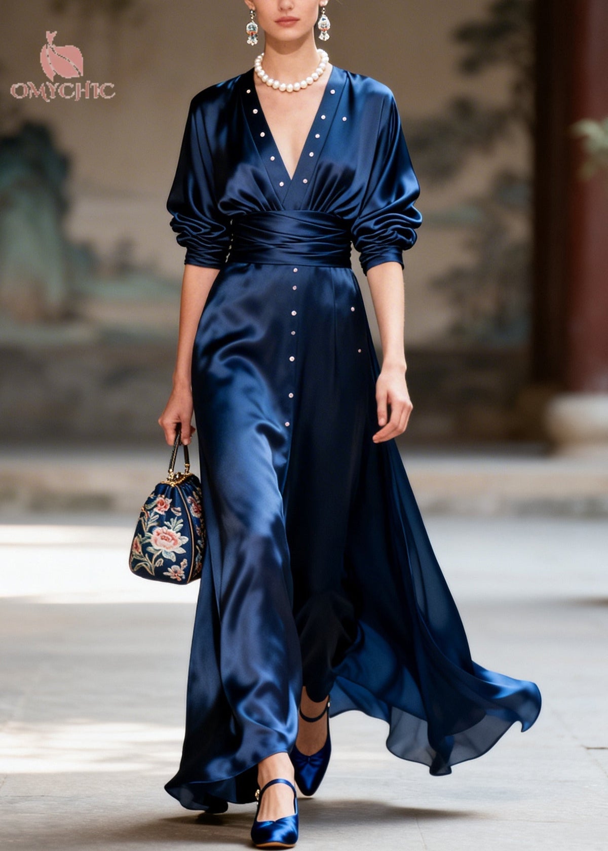 Satin Deep V-Neck Long Sleeve Ruched Waist Stud Front Maxi Gown - View 5