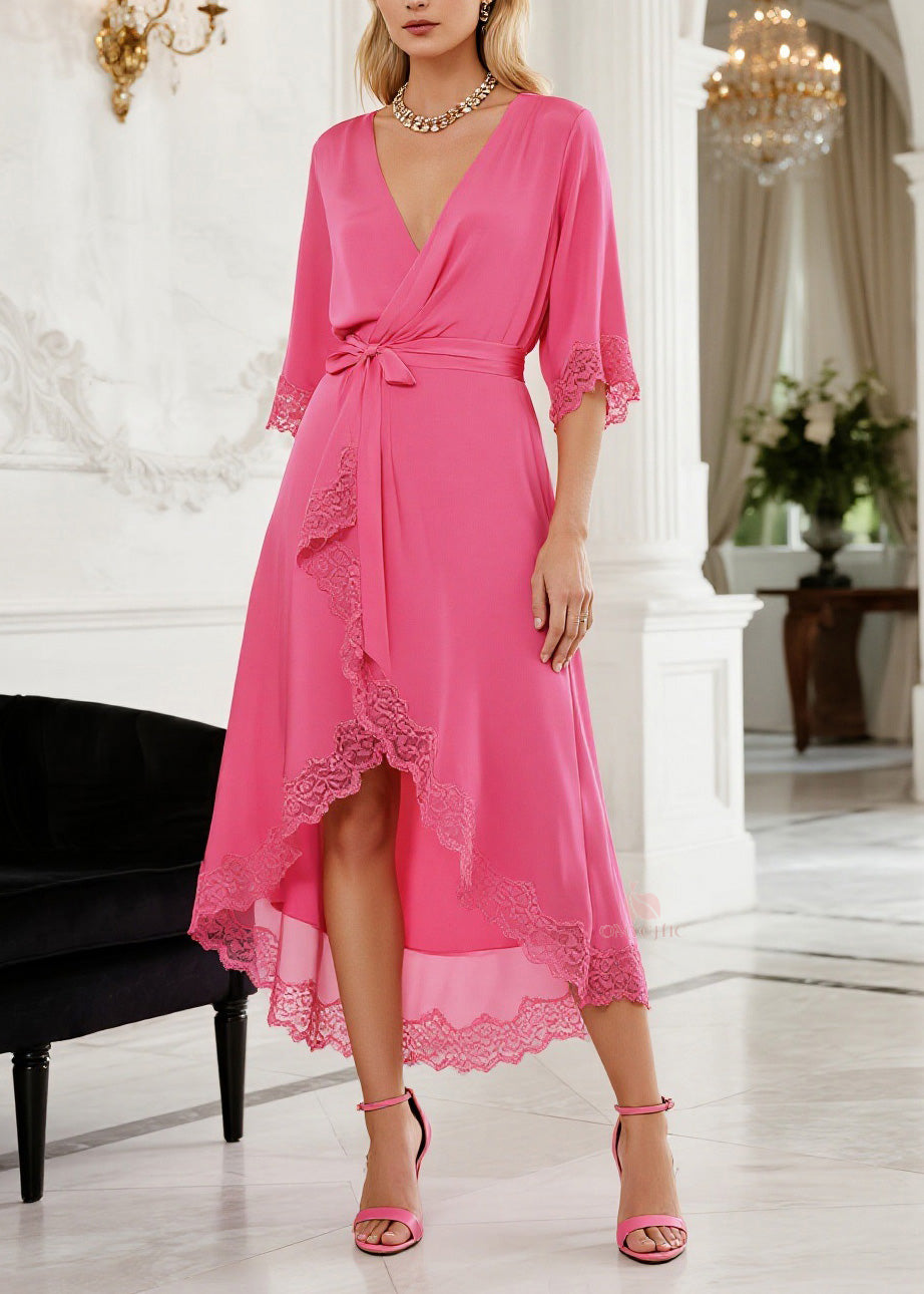 Lace Trim Deep V-Neck Tie Waist Bishop Sleeve High Low Wrap Midi Dress - View 3