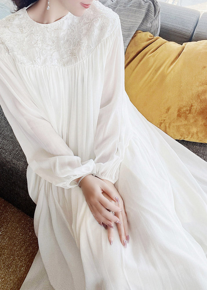Chiffon Puff Sleeve Lace Embroidered Round Neck A-Line Maxi Dress - View 2