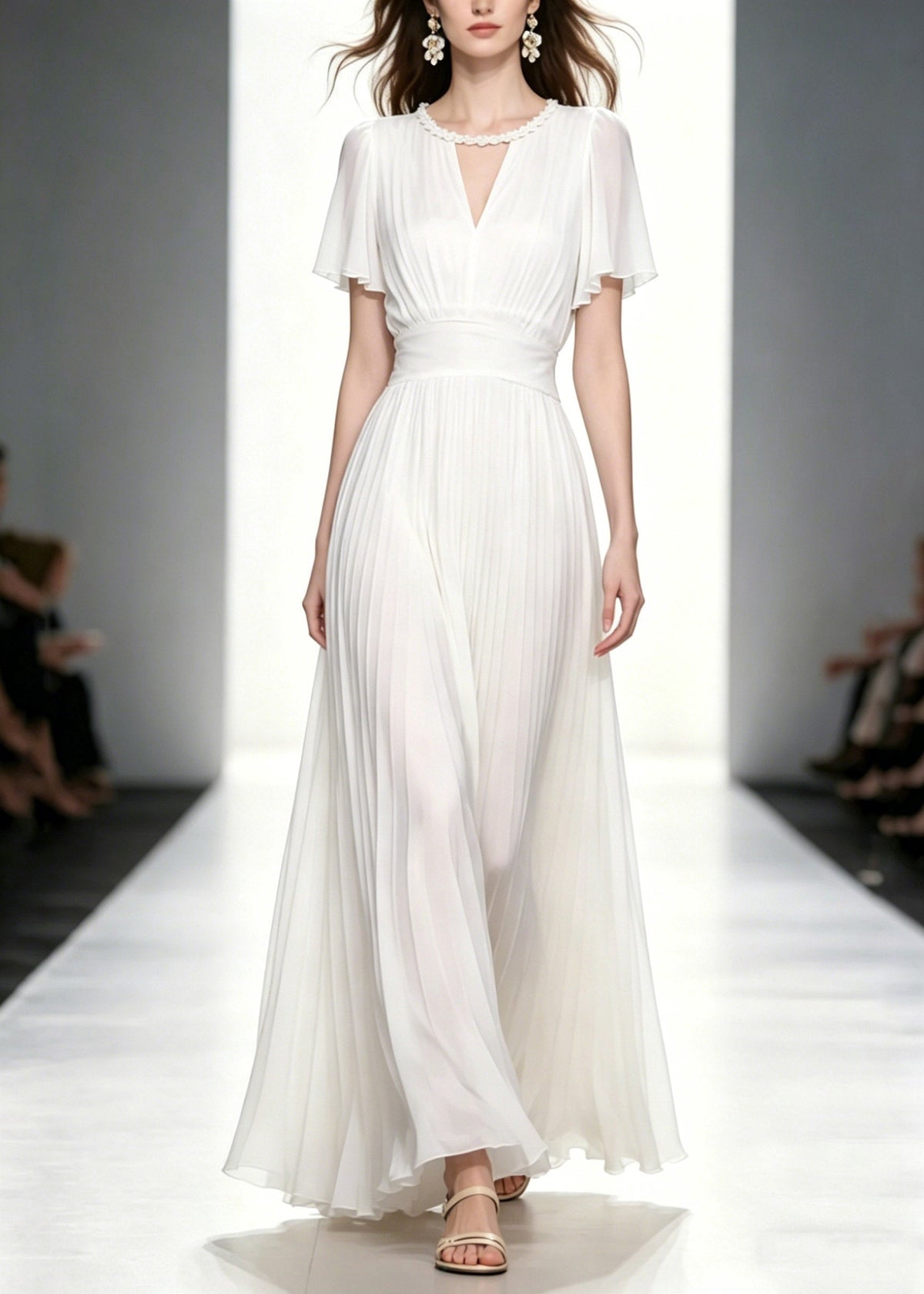 Chiffon Pearl Trim V-Neck Flutter Sleeve Pleated Waist Maxi Gown