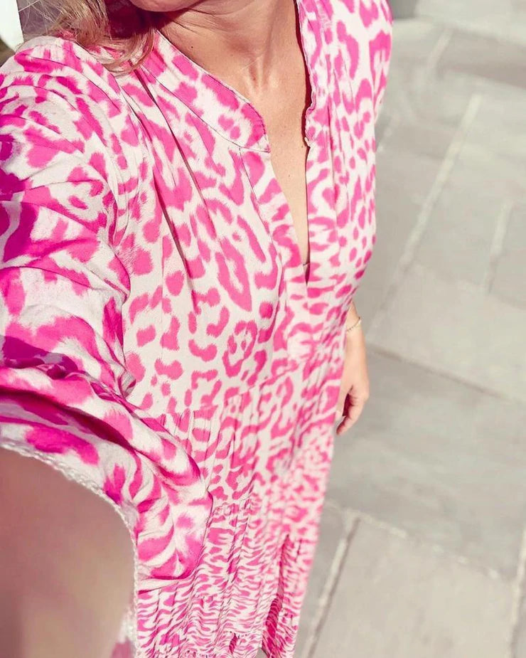 Leopard Print Mandarin Collar Deep V-Neck Long Sleeve Maxi Dress