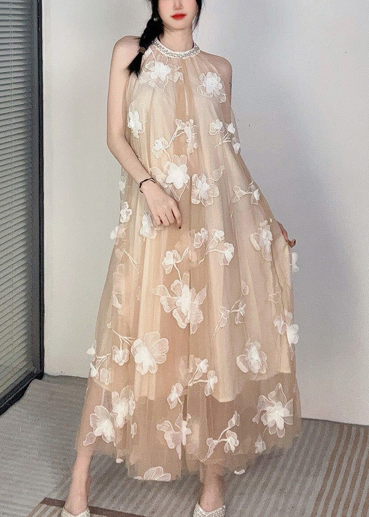 Mesh Halter Neck Pearl Trim 3D Floral Appliqué Tiered Maxi Dress