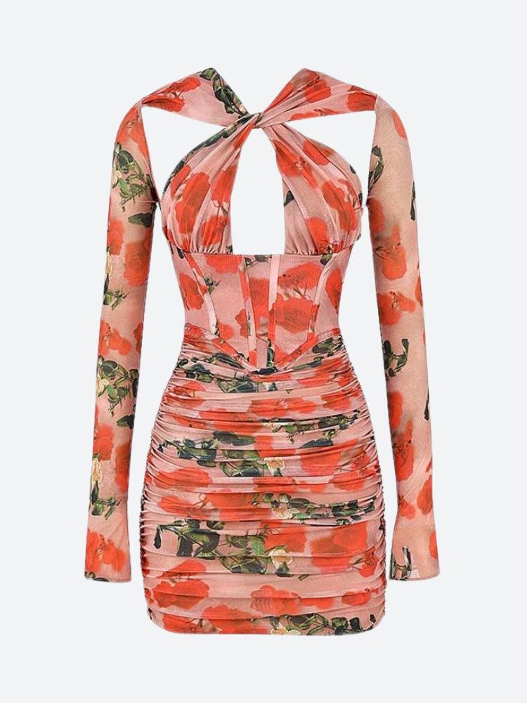 Floral Halter Cut Out Long Sleeve Corset Bodycon Mini Dress - View 5