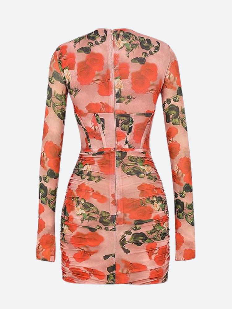 Floral Halter Cut Out Long Sleeve Corset Bodycon Mini Dress - View 6