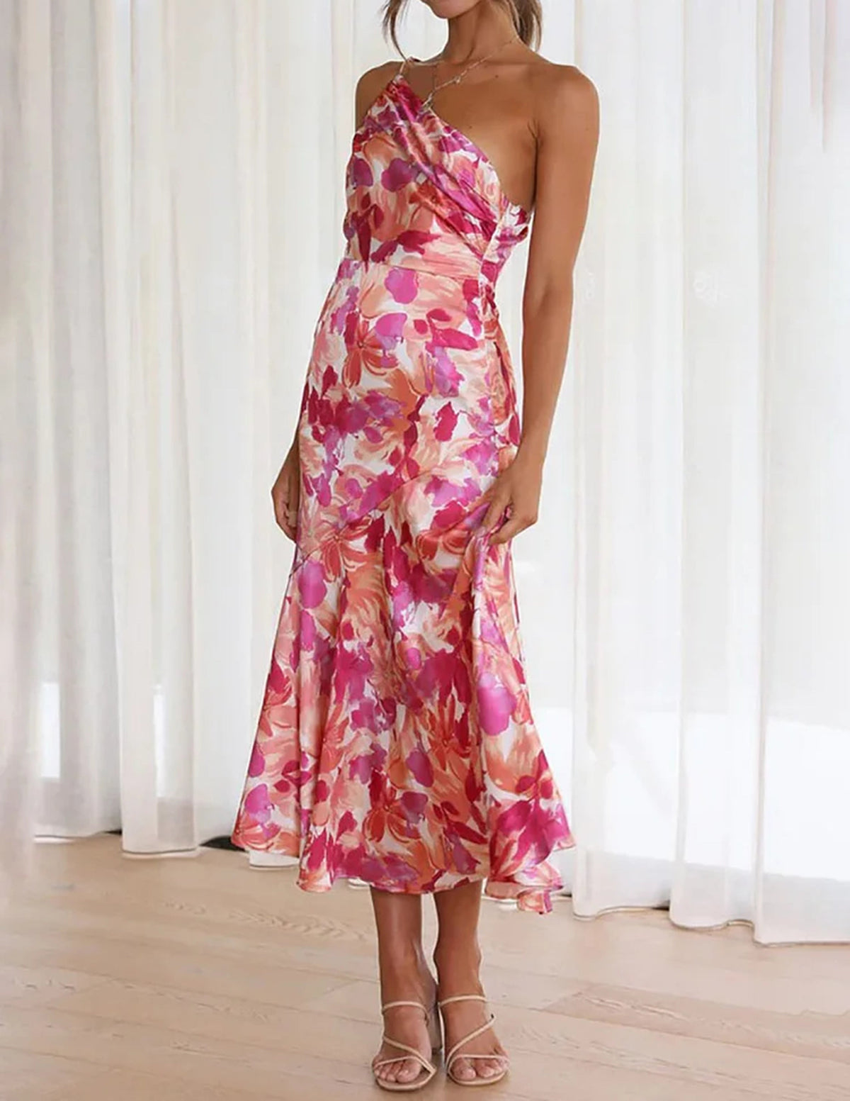 Floral Satin One Shoulder Ruched Mermaid Midi Dress - View 5