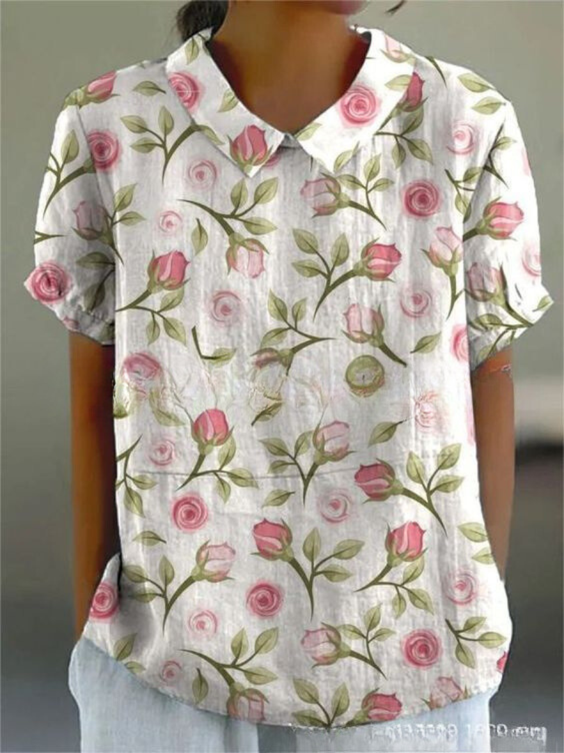 Embroidered Floral Collared Short Sleeve Linen Blouse 5