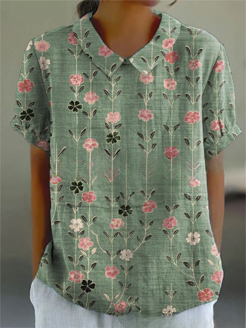 Embroidered Floral Collared Short Sleeve Linen Blouse 7