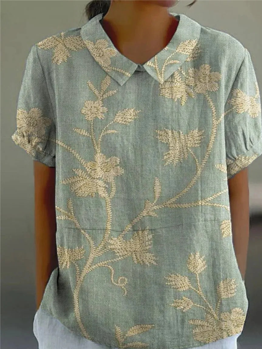 Embroidered Floral Collared Short Sleeve Linen Blouse