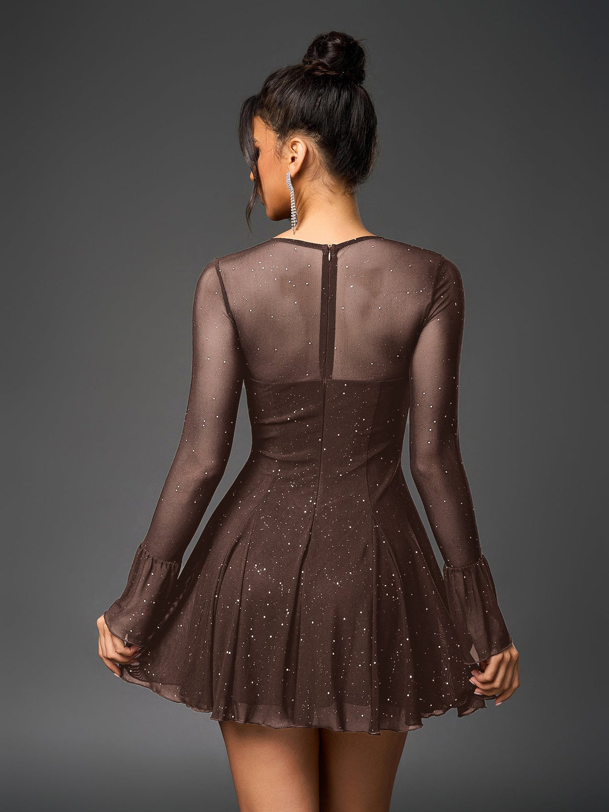 Glitter Mesh Sweetheart Tie Front Keyhole A-Line Mini Dress - View 17