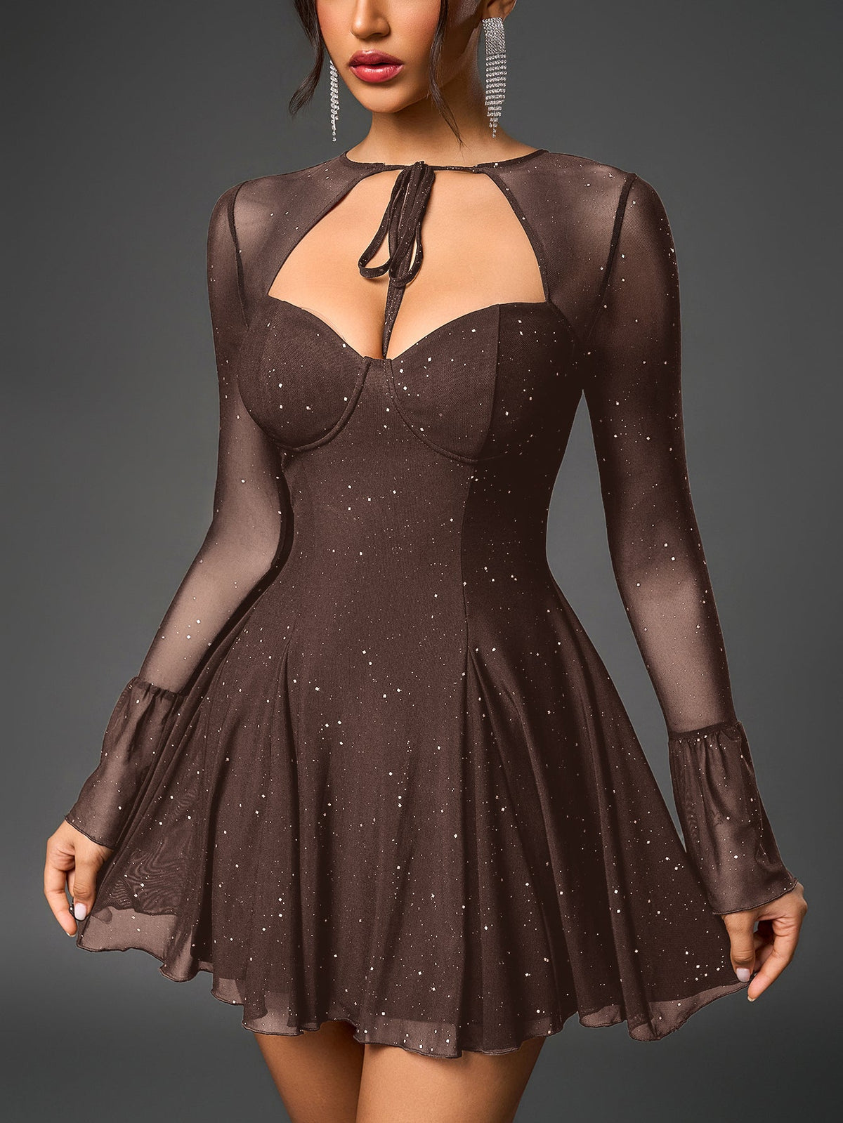 Glitter Mesh Sweetheart Tie Front Keyhole A-Line Mini Dress - View 4