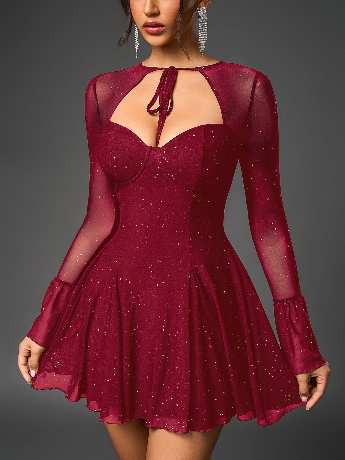Glitter Mesh Sweetheart Tie Front Keyhole A-Line Mini Dress - View 10