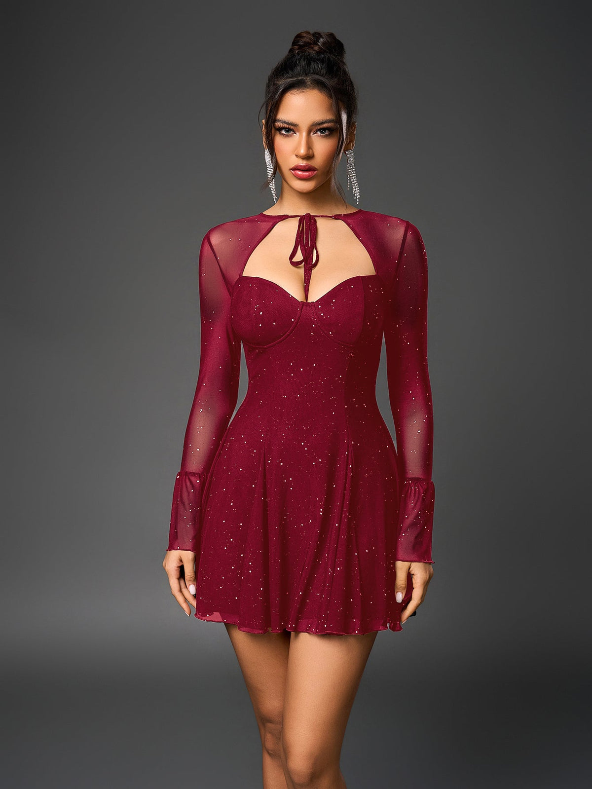 Glitter Mesh Sweetheart Tie Front Keyhole A-Line Mini Dress - View 5