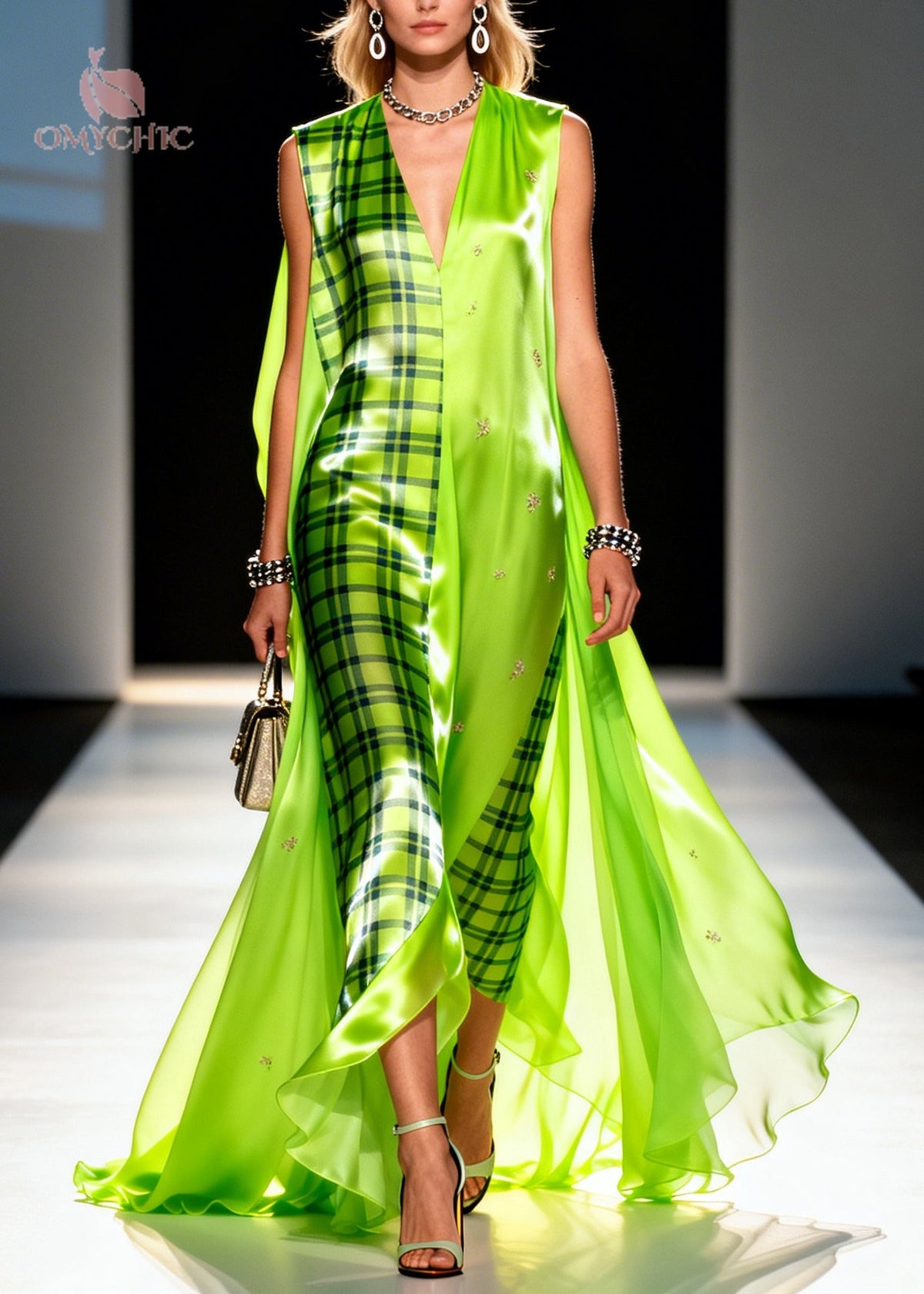 Fluorescent Green Plaid Chiffon Maxi Dresses Asymmetrical Exra Large Hem Summer
