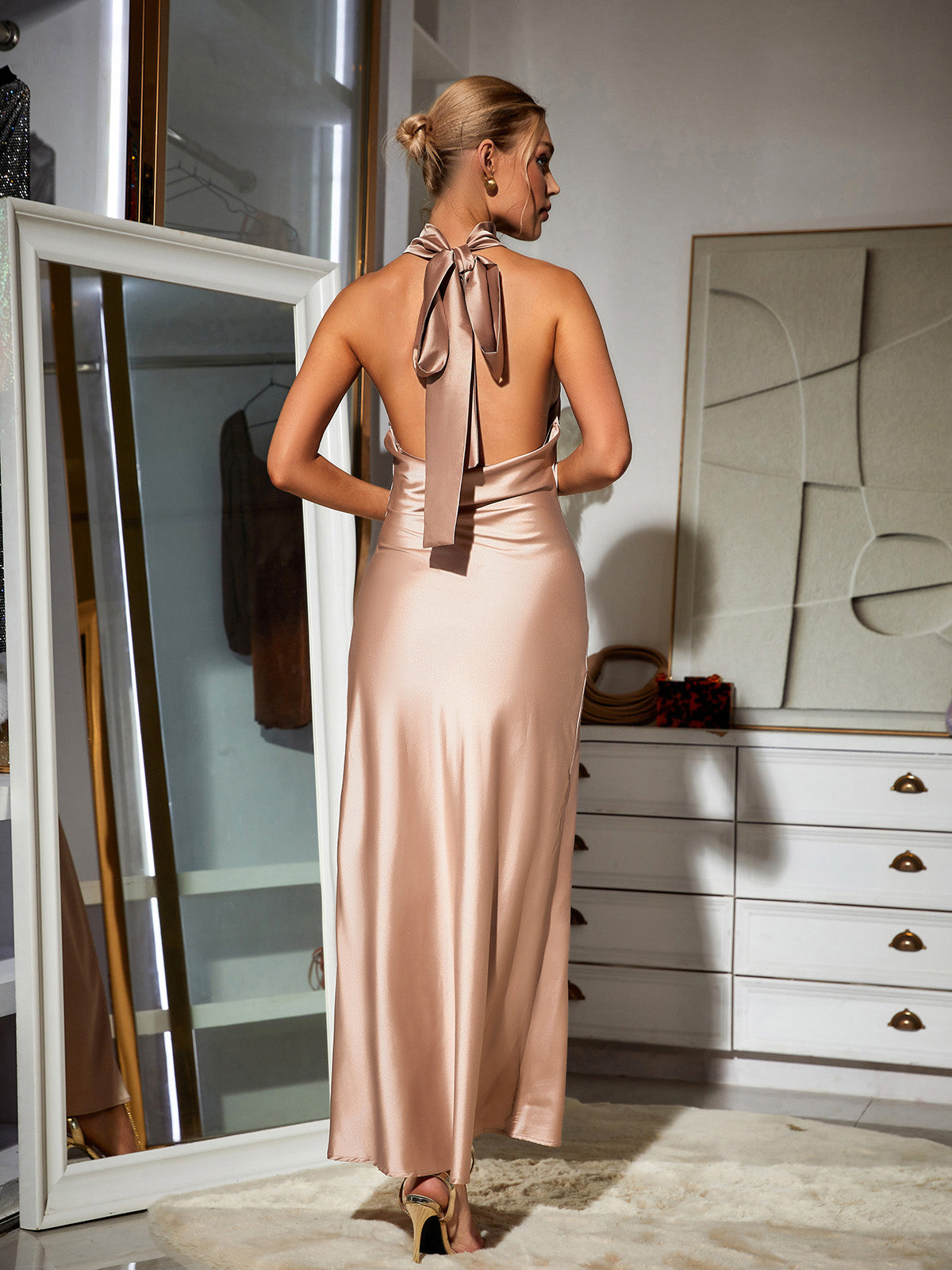 Satin Halter Neck Backless Bow Tie Bias Cut Maxi Dress - View 5