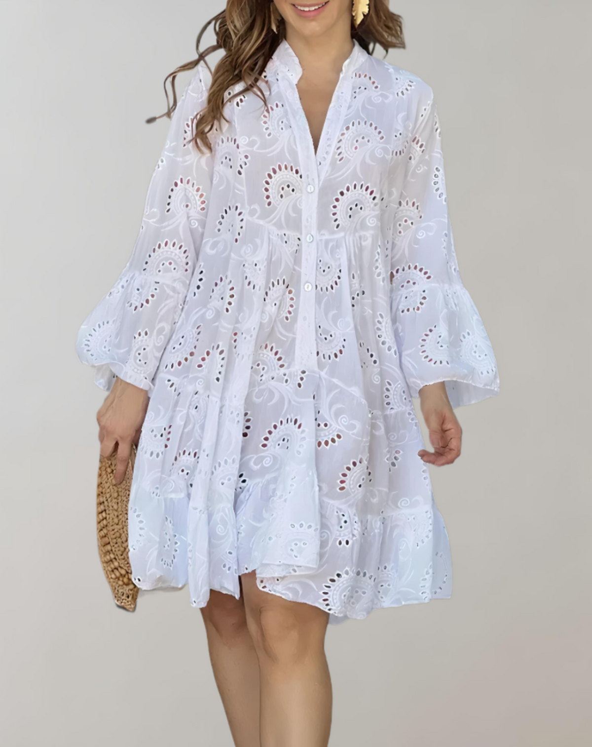 Eyelet Lace Button Down Collar Flared Ruffle Sleeve Tiered Mini Dress - View 6