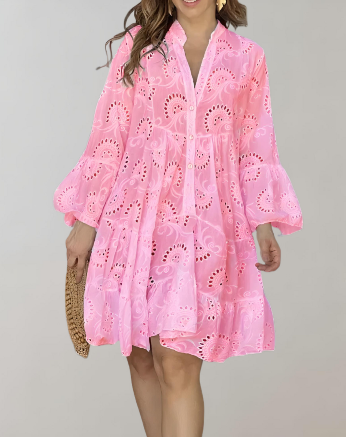 Eyelet Lace Button Down Collar Flared Ruffle Sleeve Tiered Mini Dress - View 2