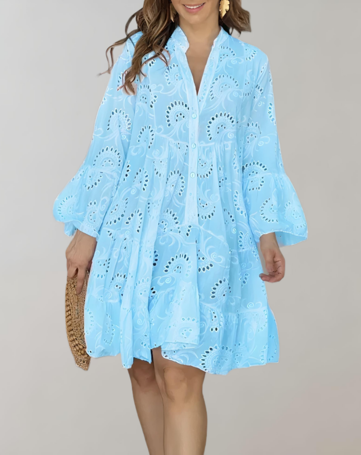 Eyelet Lace Button Down Collar Flared Ruffle Sleeve Tiered Mini Dress - View 5