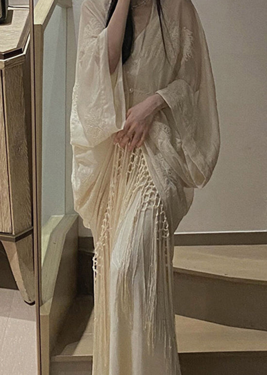 Sheer Embroidered Batwing Sleeve Macrame Fringe Set - View 4